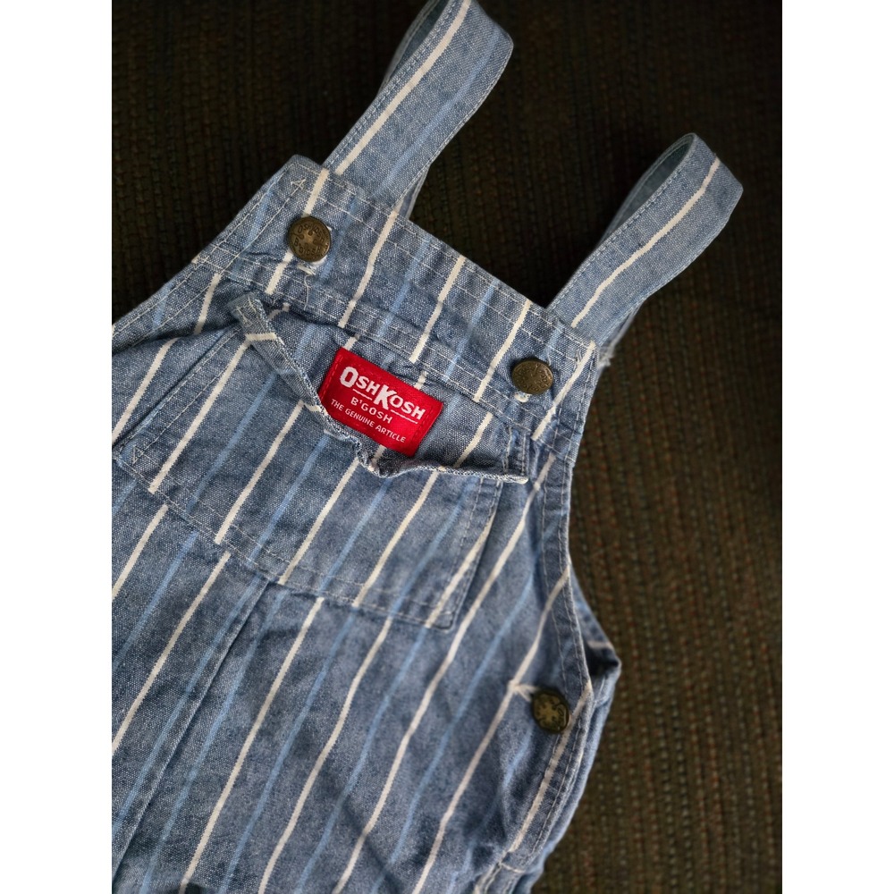Vintage OshKosh Bgosh 24M Hickory Stripe Beach Dog Shortalls Made in USA Blue